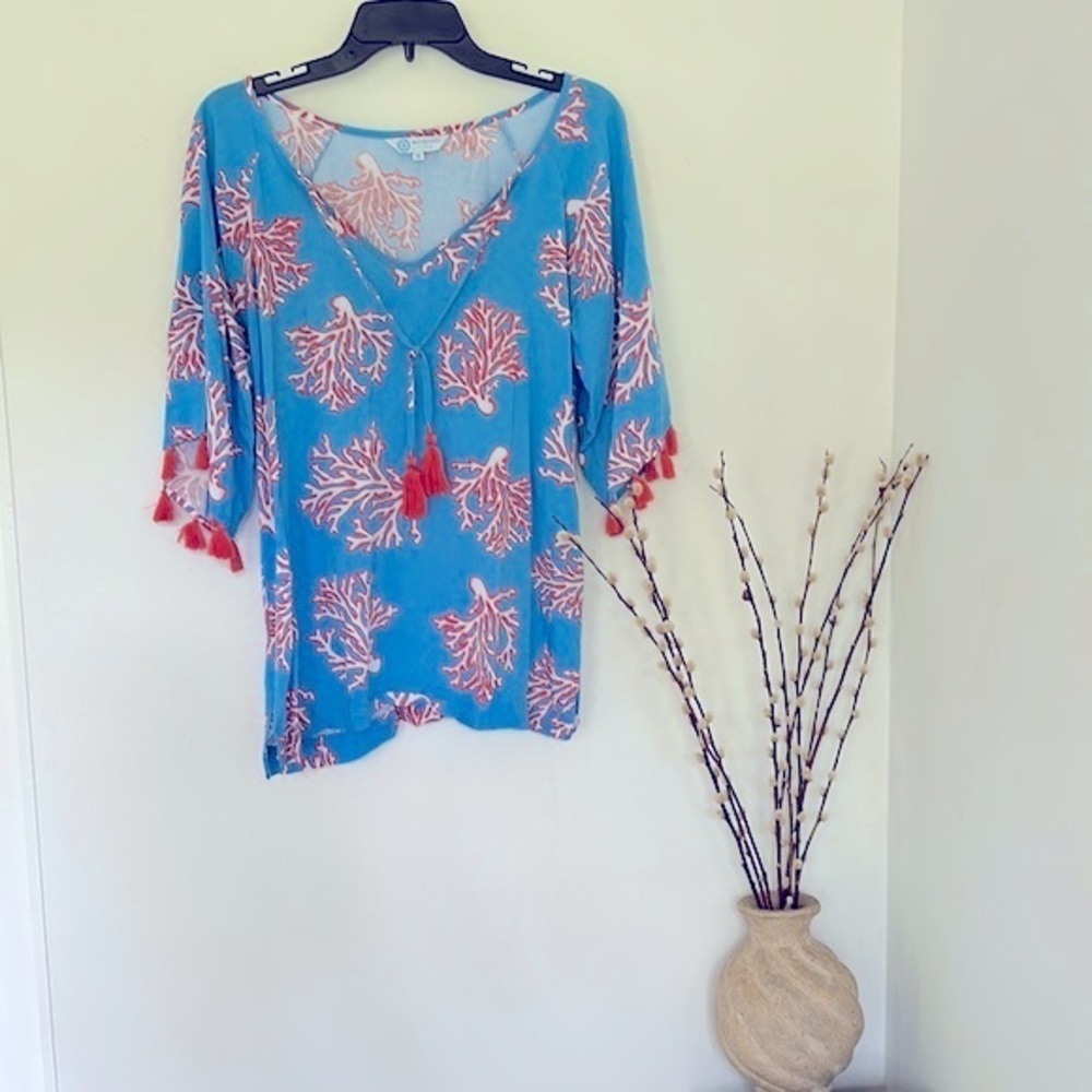 Women’s Escapada Living 100% Rayon V Neck Coral Design Top with Orange Tassels